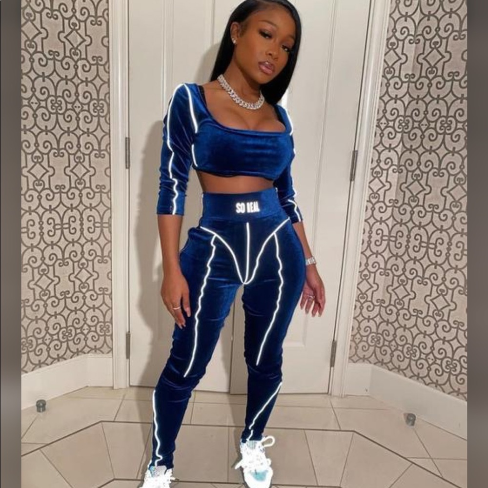 Royal Blue GSUWOO “So Real” velvet track suit.